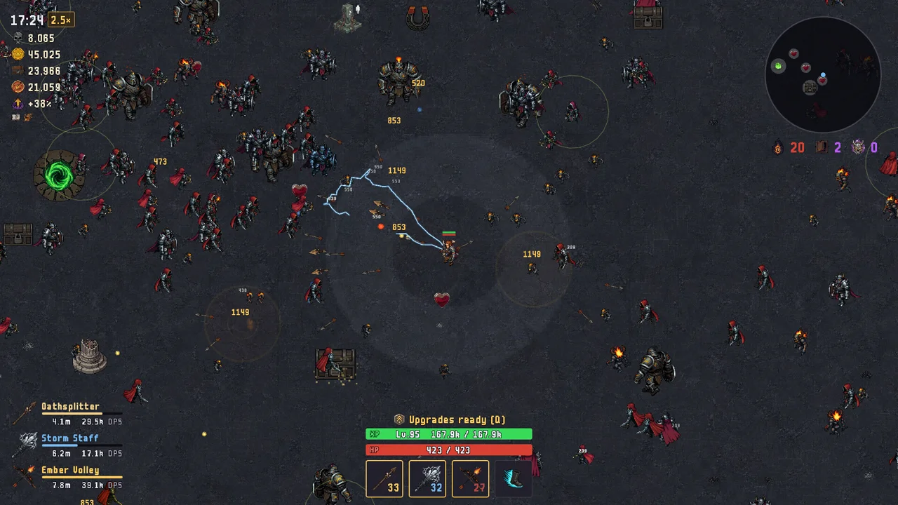 Ashrun Survivors gameplay: a character casts chain lightning into a massive horde of enemies closing in from all sides