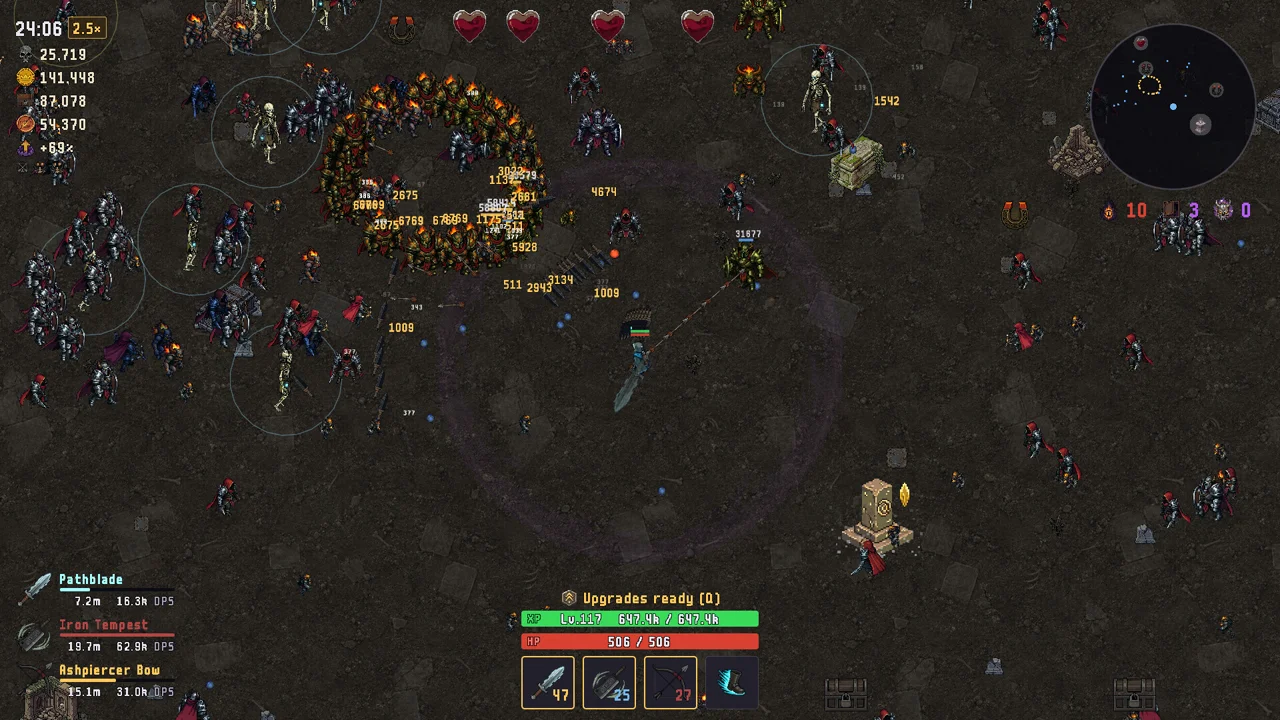 Ashrun Survivors run in progress: a dark top-down arena where the player fights a dense enemy horde with damage numbers flying