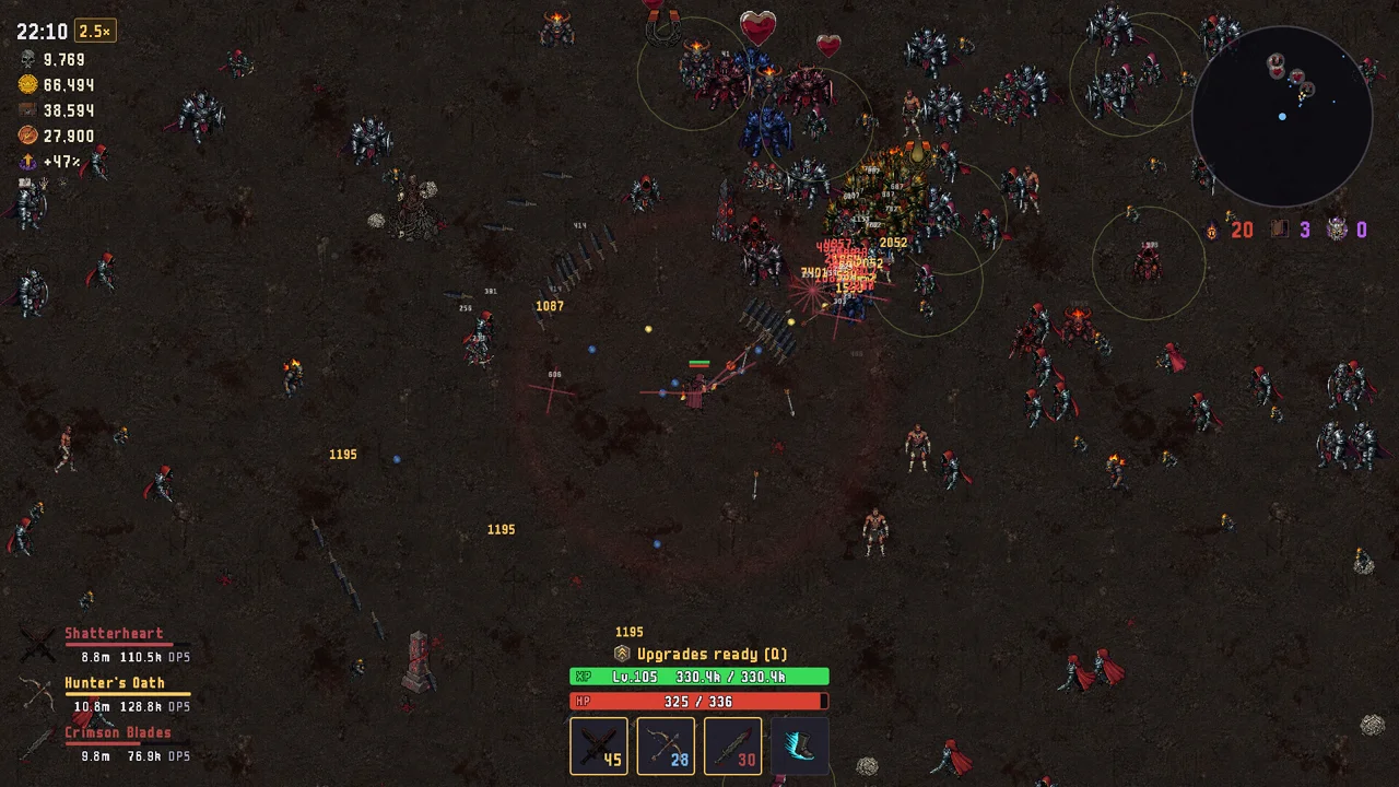 Ashrun Survivors late-run battle: the screen fills with enemies while floating damage numbers and weapon stats track the build