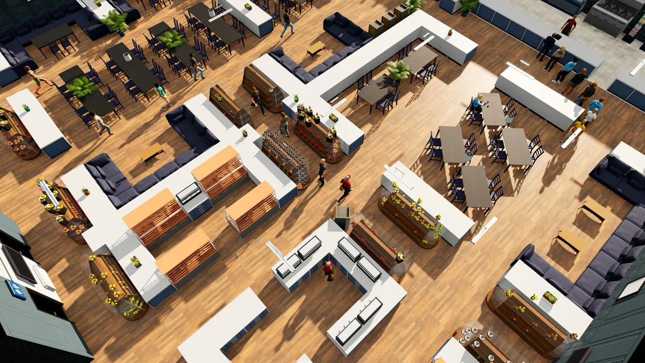 Big Ambitions: an isometric view of a restaurant the player runs, with dining tables, lounge sofas, service counters and shelving stocked with supplies