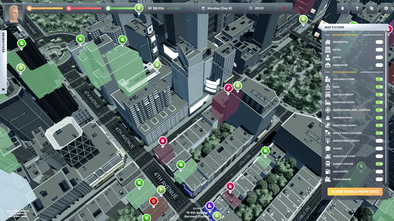 Big Ambitions: an overlay map of a downtown city grid with color-coded buildings for rent, a building filter panel on the right, and the player's money and day counter at the top