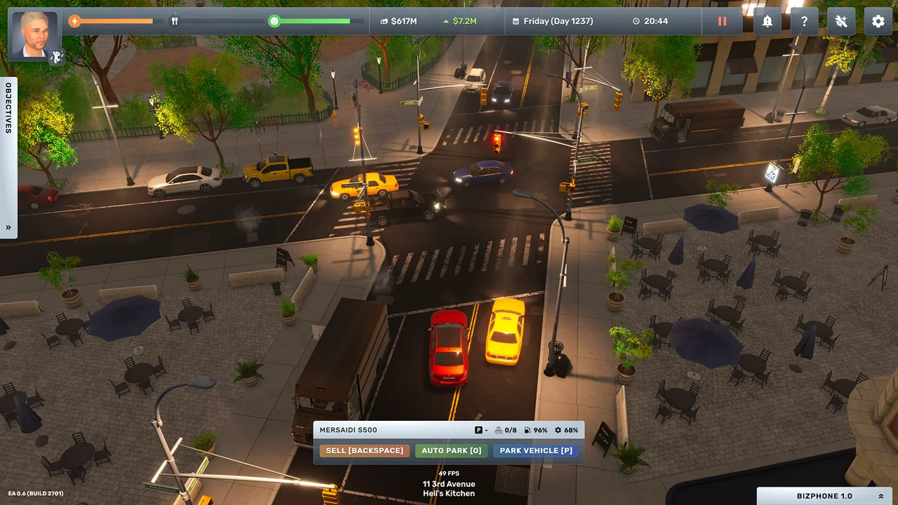 Big Ambitions: a busy Hell's Kitchen street intersection at night with yellow taxis, outdoor dining seating, and the player's cash and profit rate shown in the top UI