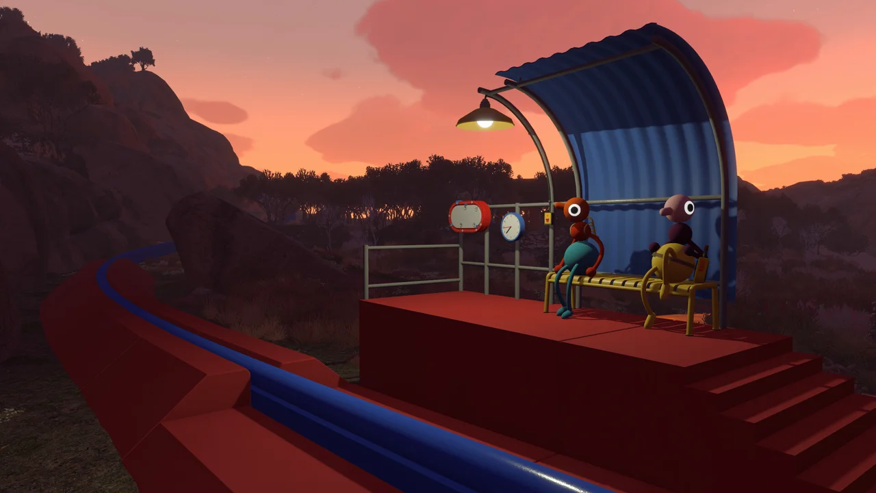 Big Walk: stylized characters walking through a colorful, oversized landscape with a huge sun and strange structures