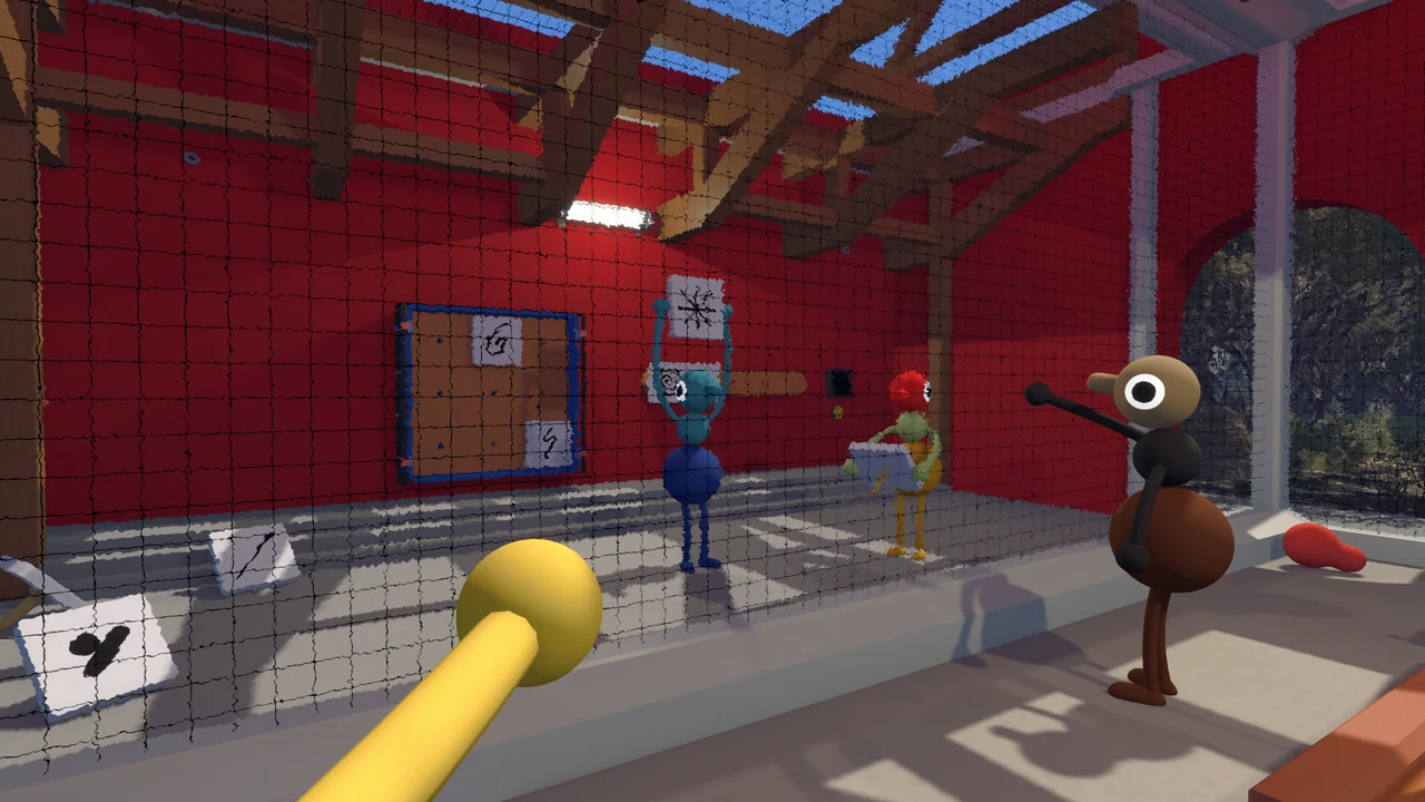 Big Walk gameplay: two characters working together to push a large object across a grassy hill in the co-op adventure