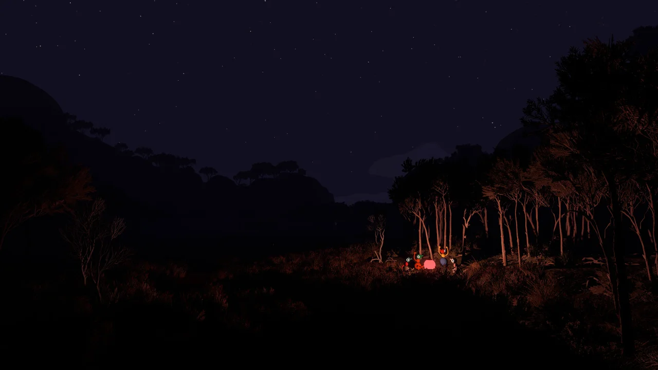 Big Walk: a wide shot of the game's world with multiple players spread across a ridge, looking at a distant landmark