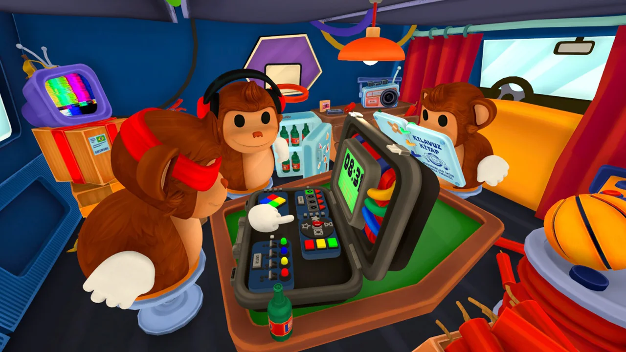 BOMBANANA! gameplay: a team of three monkeys around a bomb module, mid-defusal