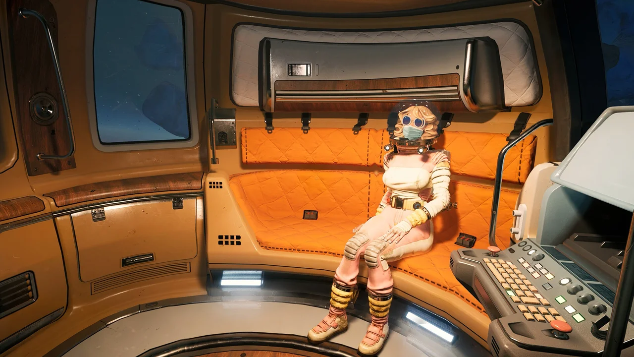 Breathedge 2 gameplay: a player character in a pressurized suit floating through the debris field of a destroyed station