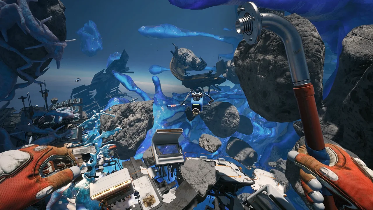 Breathedge 2 screenshot: a tiny astronaut in a spacesuit floating in a debris-filled void with a wrecked space station and a chicken in a bubble in tow