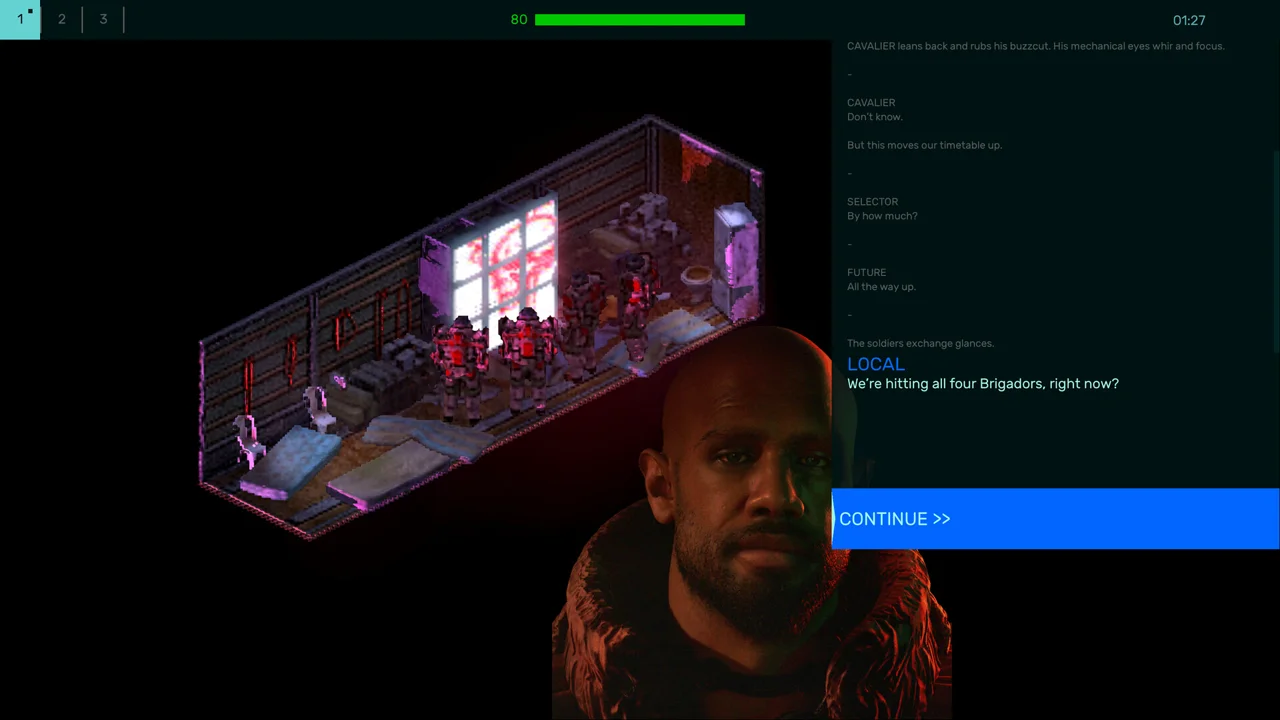 Brigador Killers: isometric view of a street battle, a soldier with a rifle and an armored vehicle advancing through a neon city at night