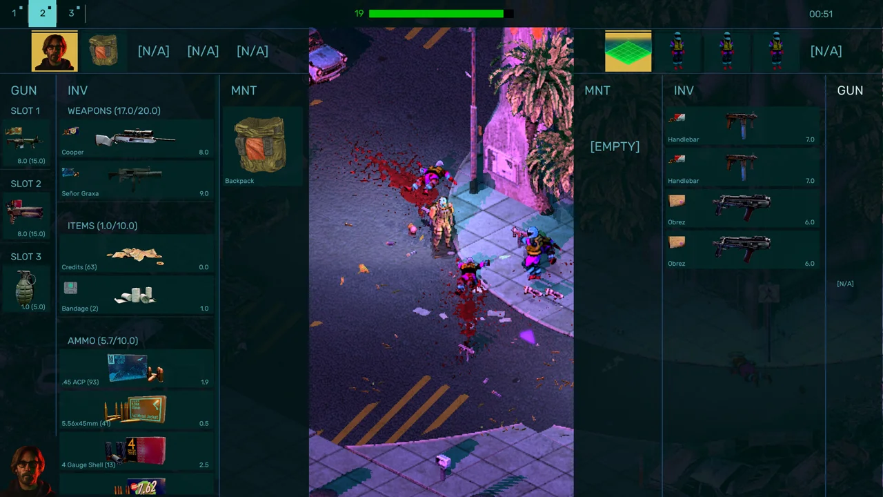 Brigador Killers gameplay: close-up gunfight through a ruined urban street with destructible cover and muzzle flashes