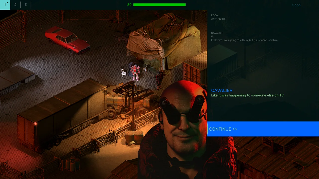 Brigador Killers: a soldier behind cover aiming down an alley as explosions and wreckage line the road
