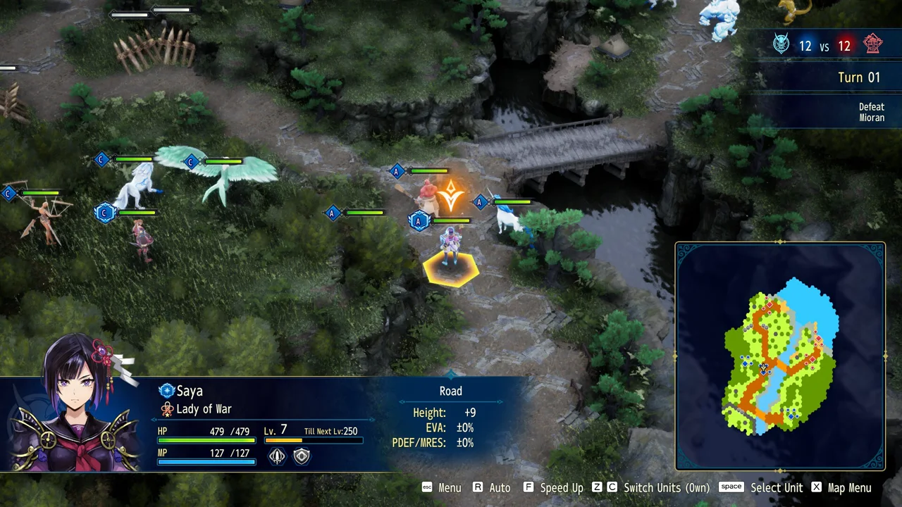 BRIGANDINE ABYSS gameplay: hex-based battle with monster squads facing off, base and army panels at the bottom