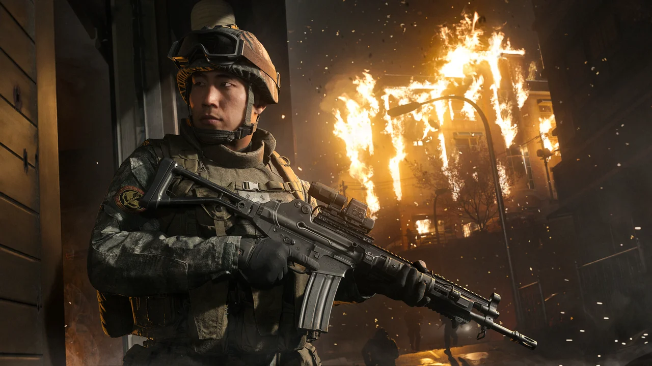 Call of Duty: Modern Warfare 4 key art: a squad of soldiers on a destroyed Korean urban battlefield with skyscrapers and smoke, tactical gear visible