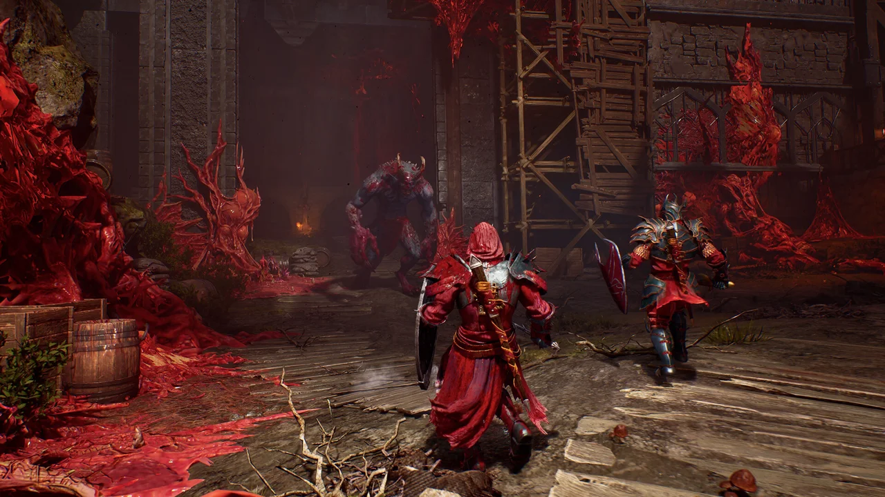 Crimson Moon key art: a Nephilim warrior with a glowing red blade stands at the gate of a fallen Gothic city under a red moon