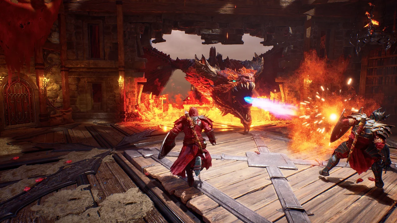 Crimson Moon environment shot: a dark cathedral interior with red moonlight pouring through a broken ceiling