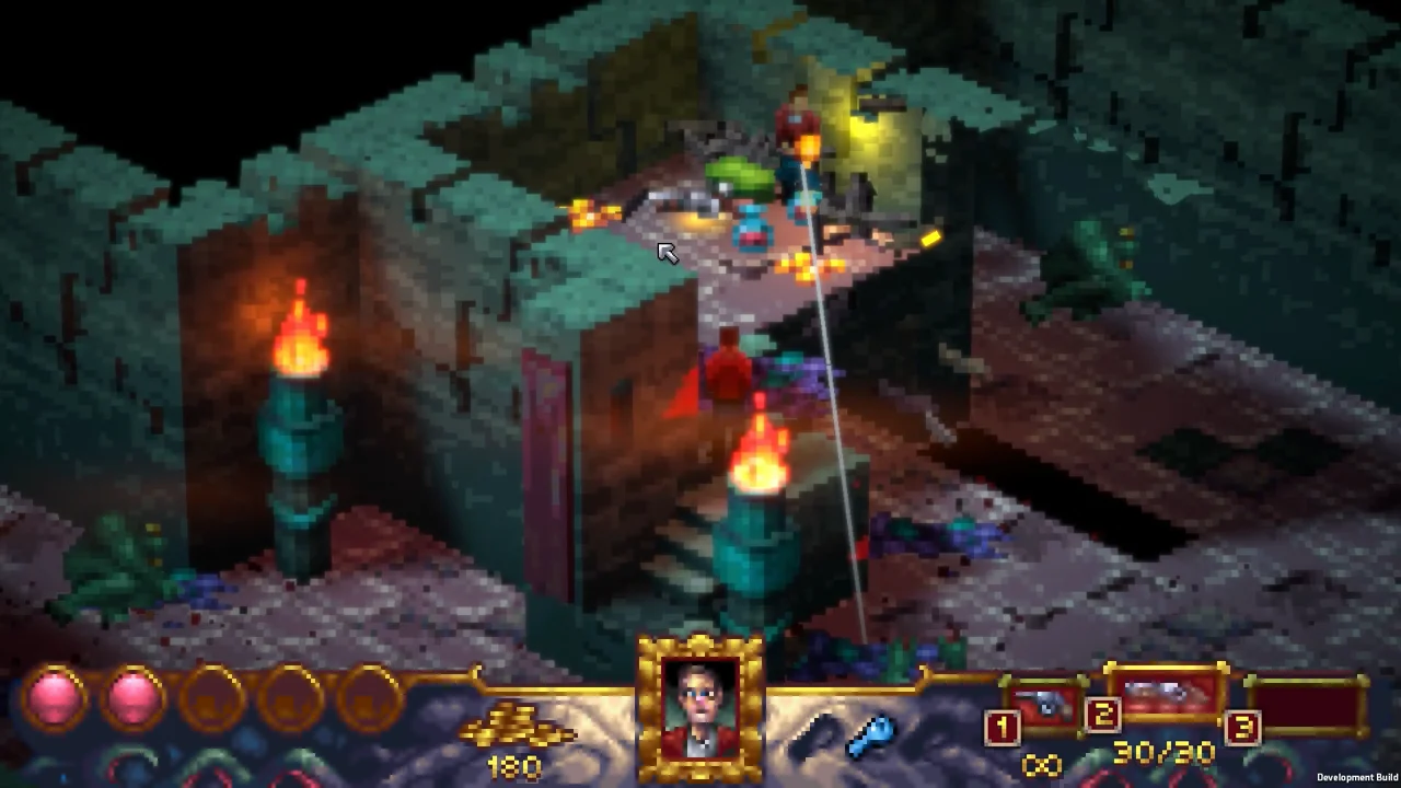 Cthulhu's Reach: Devil Reef dungeon crawl: a character fights slime enemies in a dark stone corridor lit by torches