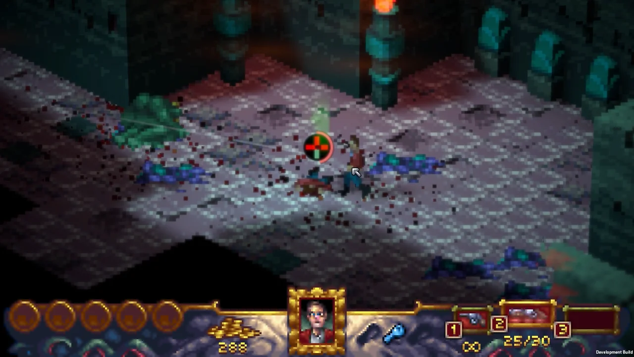 Cthulhu's Reach: Devil Reef combat: shooting monsters amid blood splatter in a dim dungeon, with a retro RPG interface