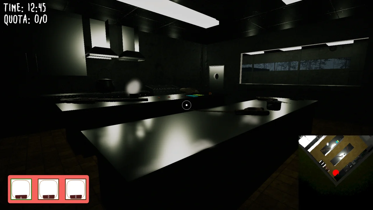 Death Kitchen interior: a dim low-poly kitchen with a long metal table, fluorescent lights, and game UI overlays