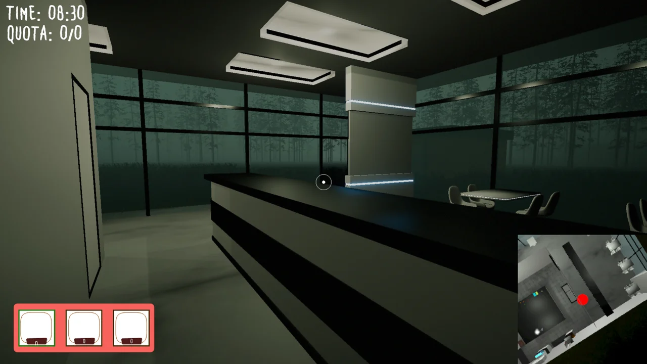 Death Kitchen location: an eerie low-poly office reception area with a long desk, dark windows, and a minimap