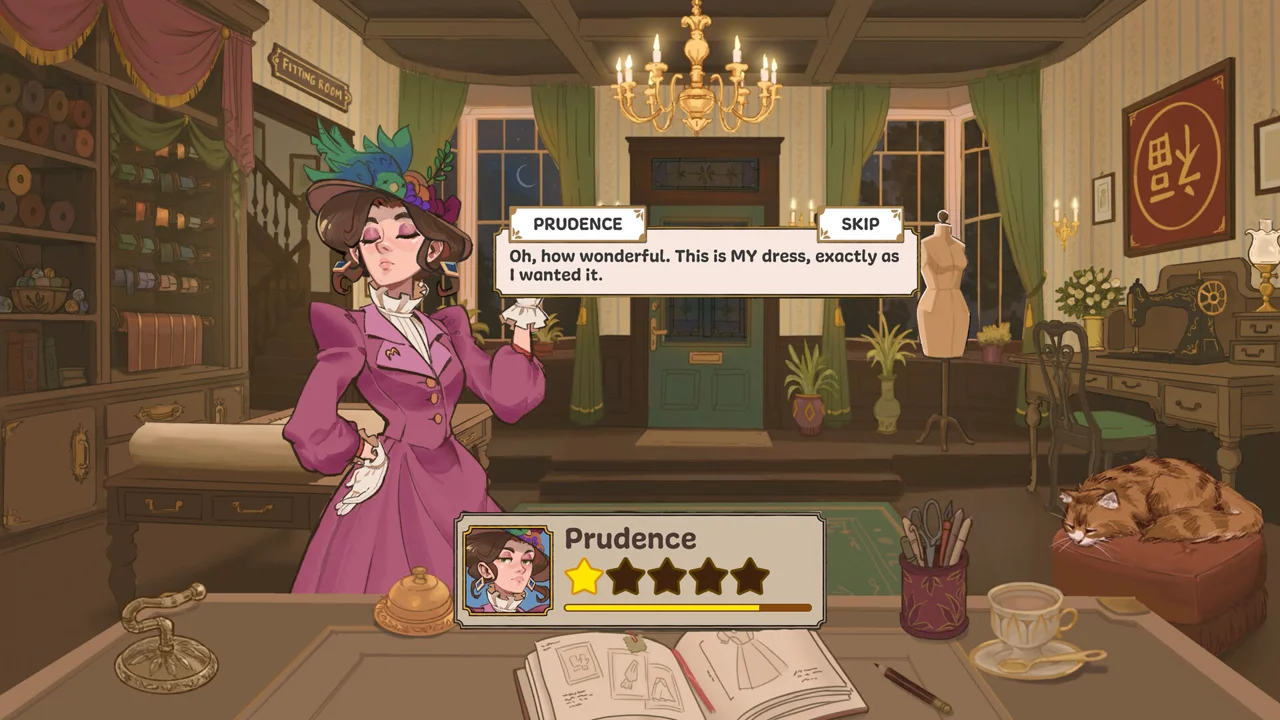 Dressmaker screenshot: a customer at the counter with the sewing machine, cutting table and rolls of fabric behind her