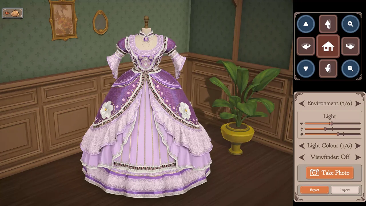 Dressmaker screenshot: a mannequin wearing an ornate purple gown next to the dressmaking shop's menu panel