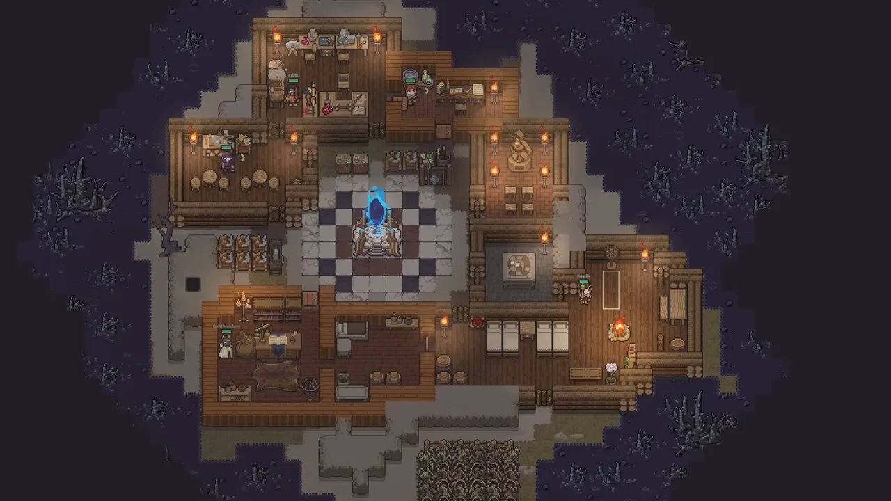 Dungeon Settlers gameplay screenshot showing a settlement under construction with stone walls and a forge
