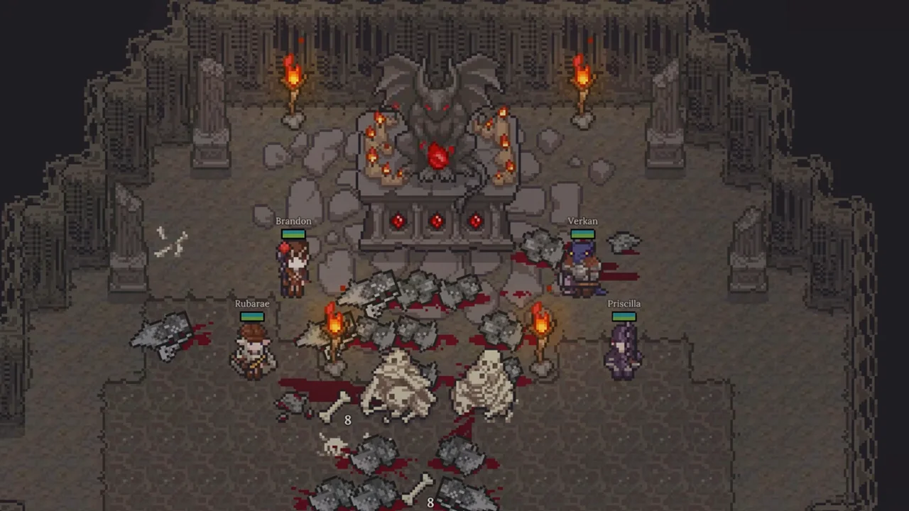 Dungeon Settlers screenshot showing a four-member expedition party entering a dungeon entrance