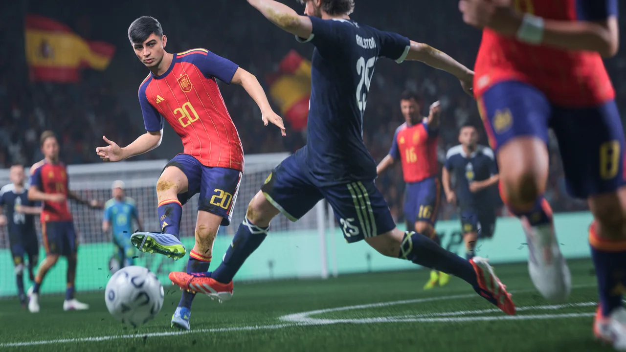EA SPORTS FC 27 gameplay screenshot: a player dribbling through a packed stadium with the new lighting engine and crowd detail