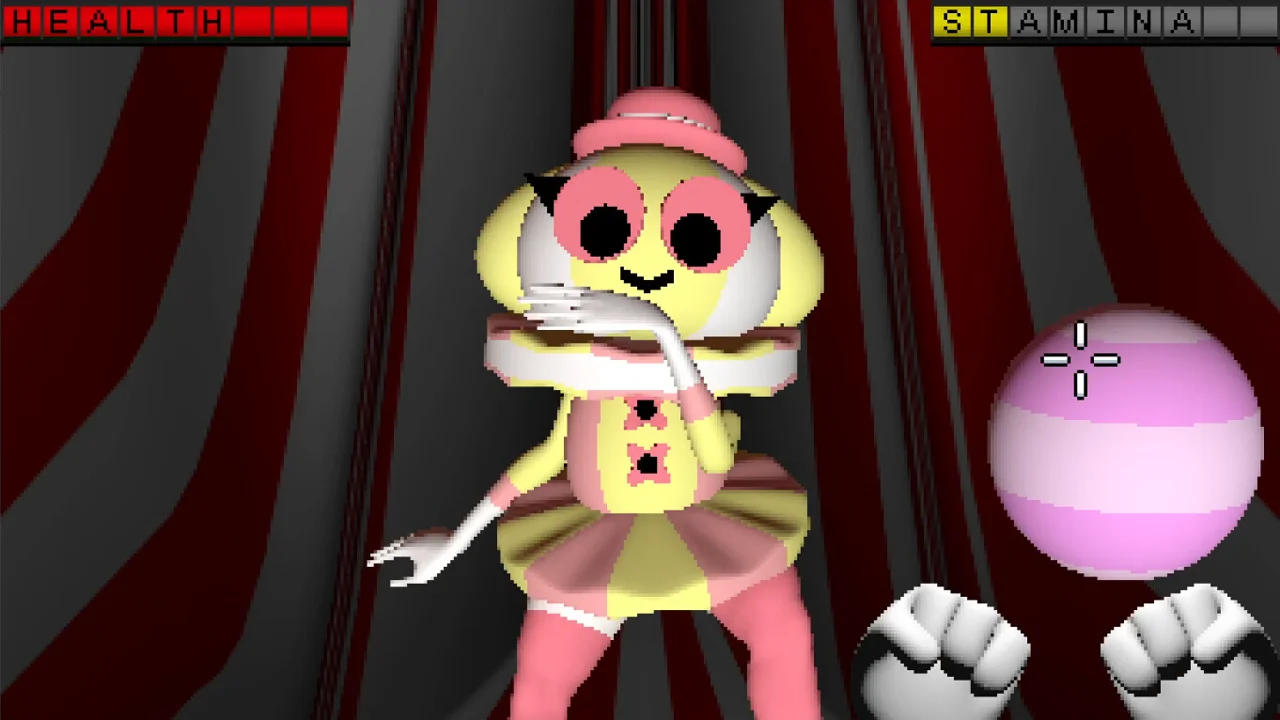 Endacopia gameplay: a resident character in a strange town scene, softly lit, with the game's signature edutainment-meets-unease mood