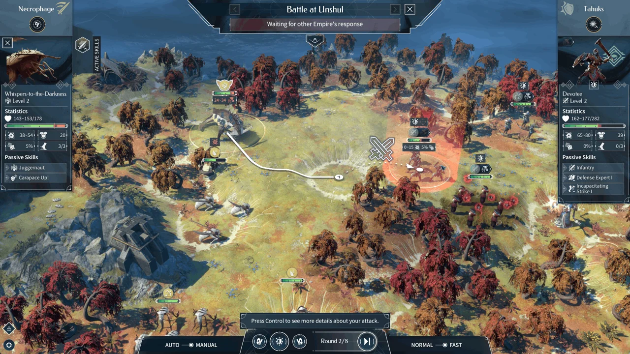 ENDLESS Legend 2 turn-based battle screenshot: two armies facing off on a wilderness tile with the tactical combat menu open