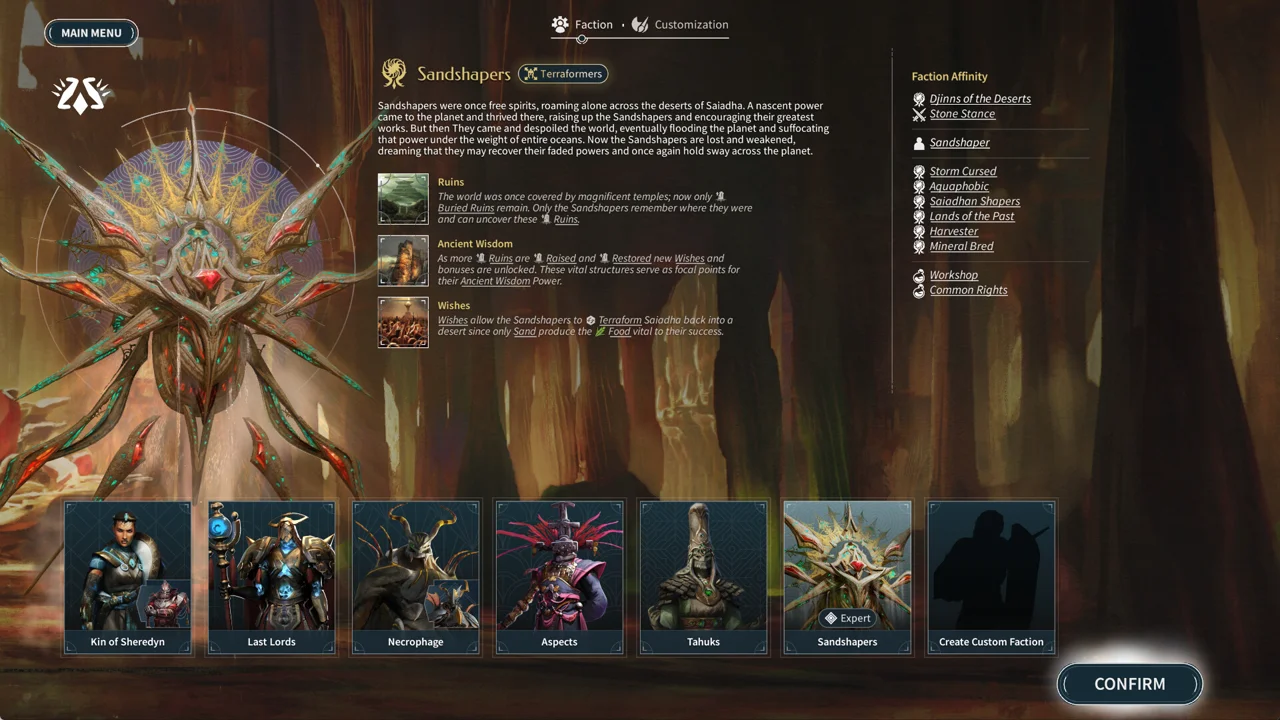 ENDLESS Legend 2 faction selection screen with the Sandshapers description and a list of playable factions on a dark red background