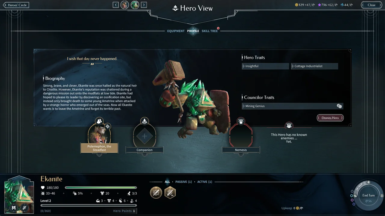 ENDLESS Legend 2 hero screen: a faction hero's stats, skills and equipment shown in dark blue and gold interface panels