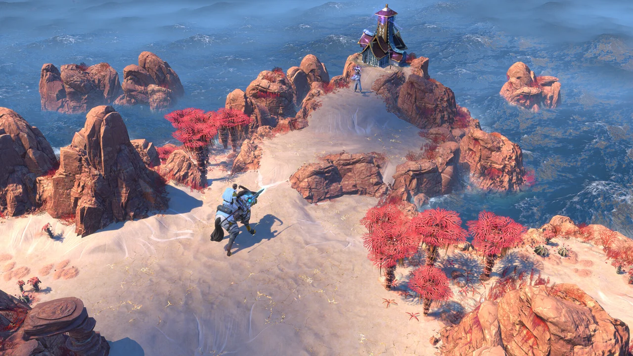 ENDLESS Legend 2 official screenshot: army units moving across a snow-covered region of the world Saiadha, red vegetation and unexplored map edges around them