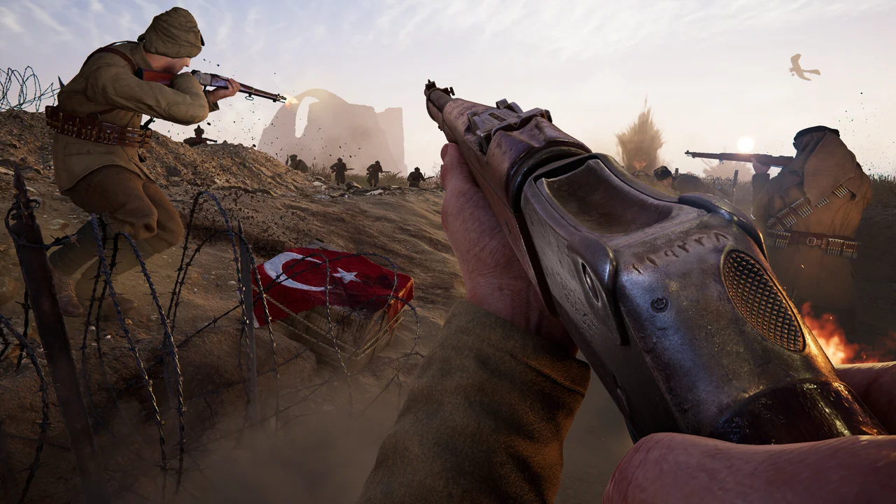Gallipoli gameplay: a trench line on the Gallipoli peninsula with soldiers advancing between dugouts