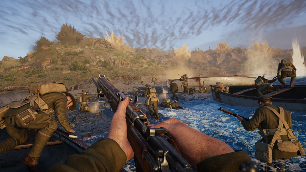 Gallipoli gameplay: soldiers landing on a beach under fire, with Ottoman positions on the cliffs above