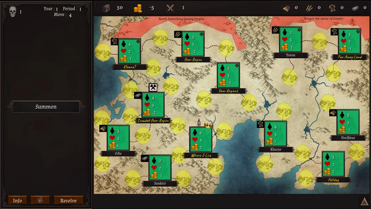 Garbage King map view: green stat cards on named territories, resource counters, and turn buttons in a strategy board game