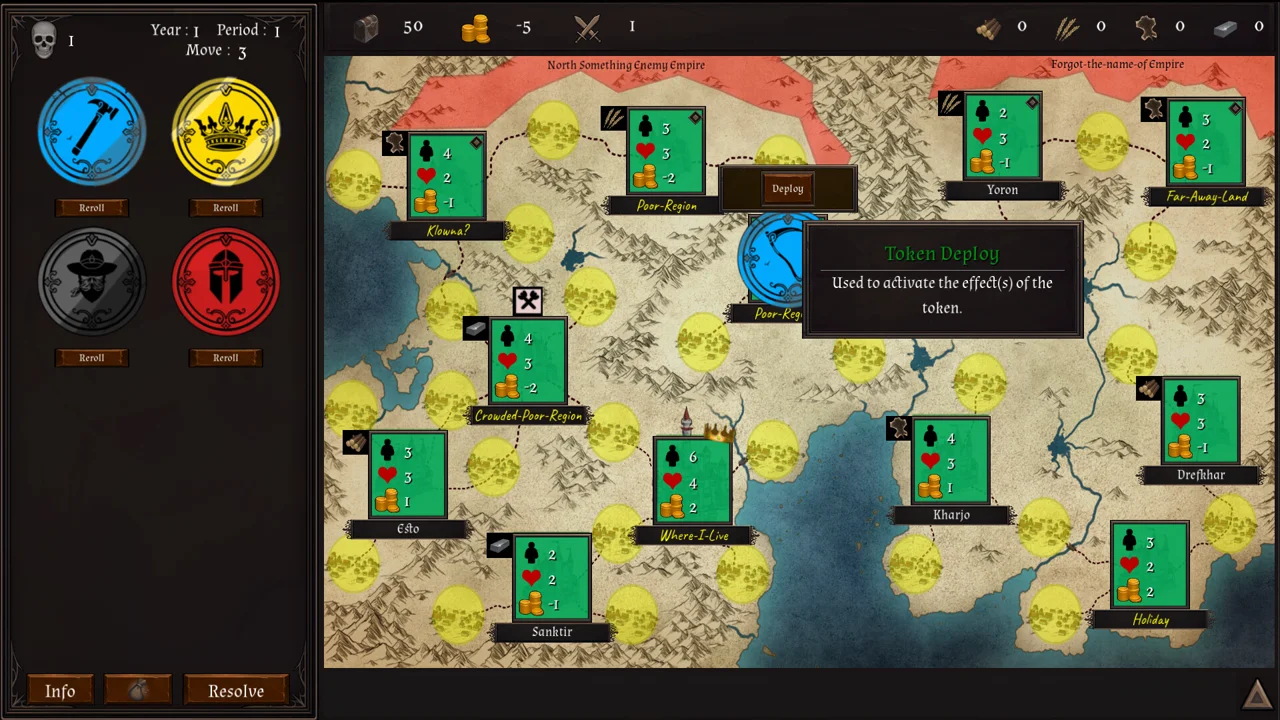 Garbage King turn in play: region cards with stats, resource counters, and a token deployment tooltip on the map