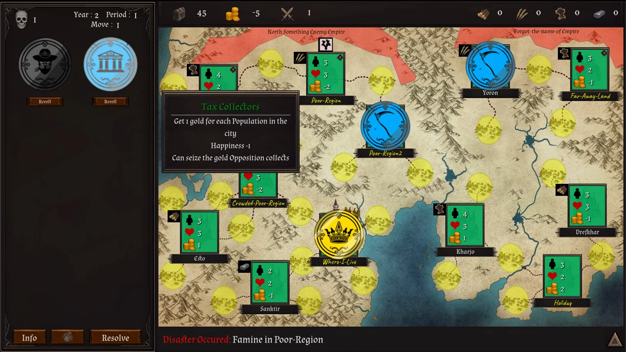 Garbage King event log: region cards with stats and a tax collector tooltip after a famine disaster strikes