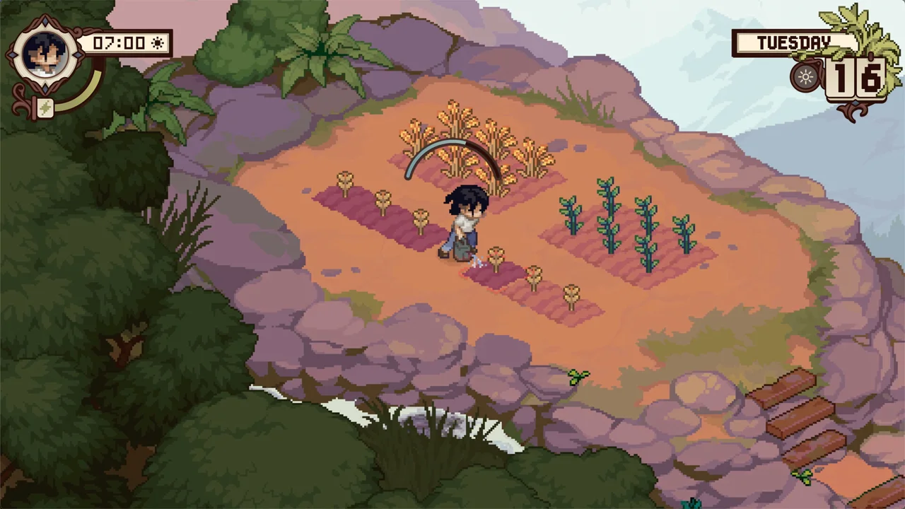 Grave Seasons farm: top-down pixel art of a character watering crops in a rocky garden plot on a sunny morning