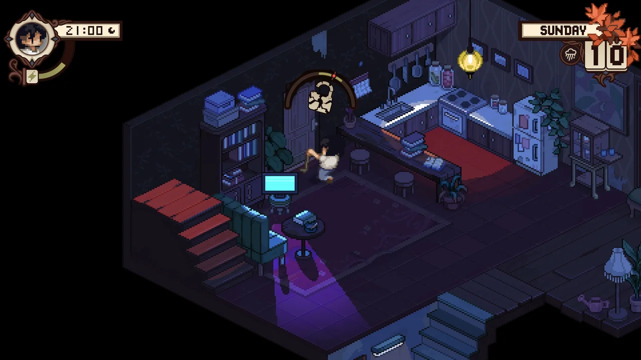 Grave Seasons evening at home: an isometric pixel art apartment at night, a character standing near a glowing doorway