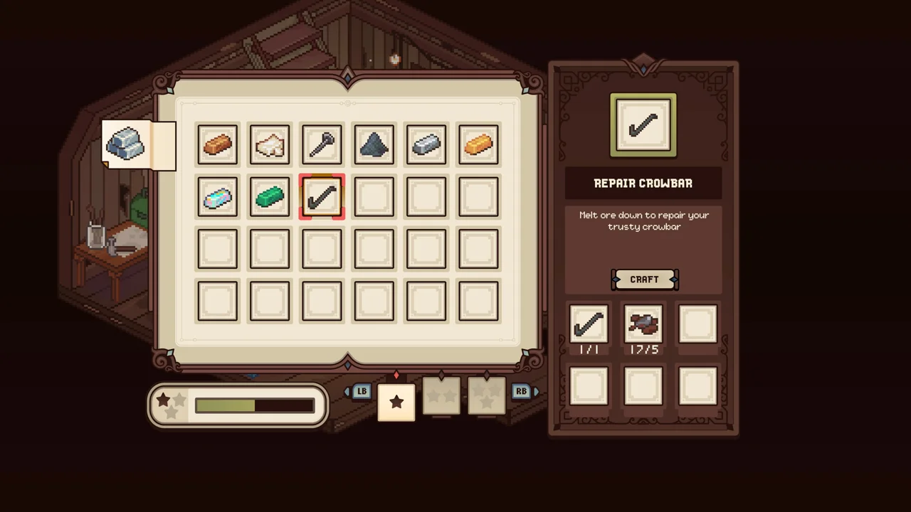 Grave Seasons crafting menu: a pixel art book interface where the player repairs a crowbar with melted ore