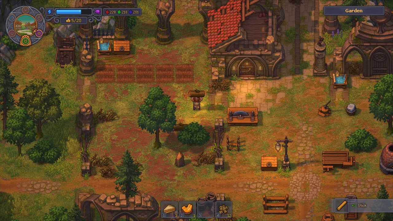 Graveyard Keeper 2 — official Steam screenshot: the cemetery and restored town under a blue night sky