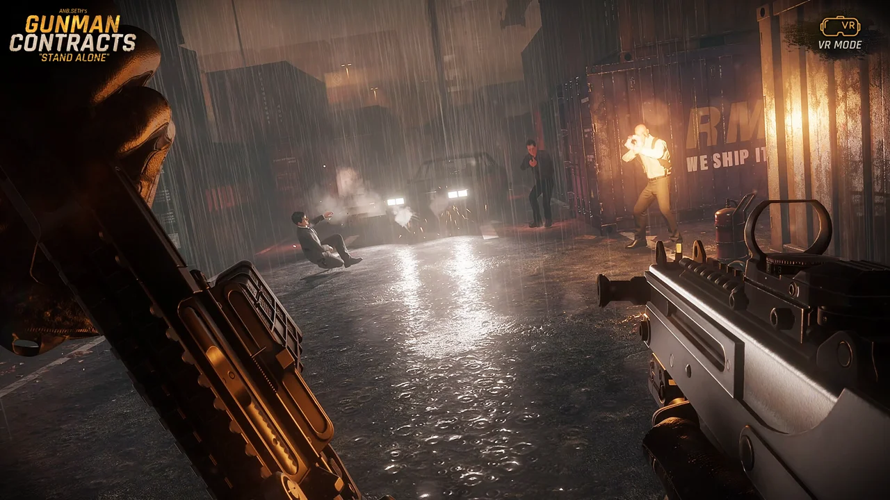 Gunman Contracts - Stand Alone screenshot: VR mode, dual-wielding pistols against suited enemies in a rainy shipping container yard