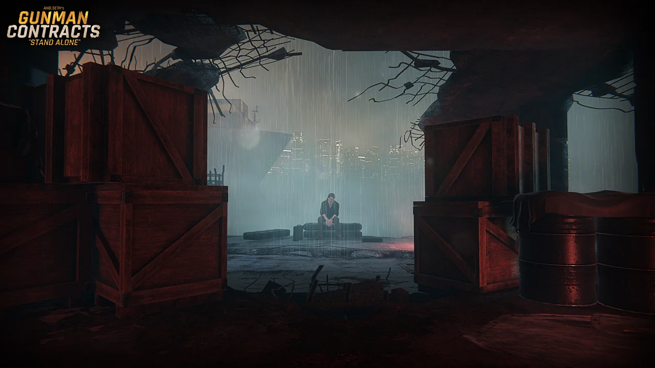 Gunman Contracts - Stand Alone screenshot: a lone figure sitting in the rain among crates in a ruined interior, harbor and city skyline beyond