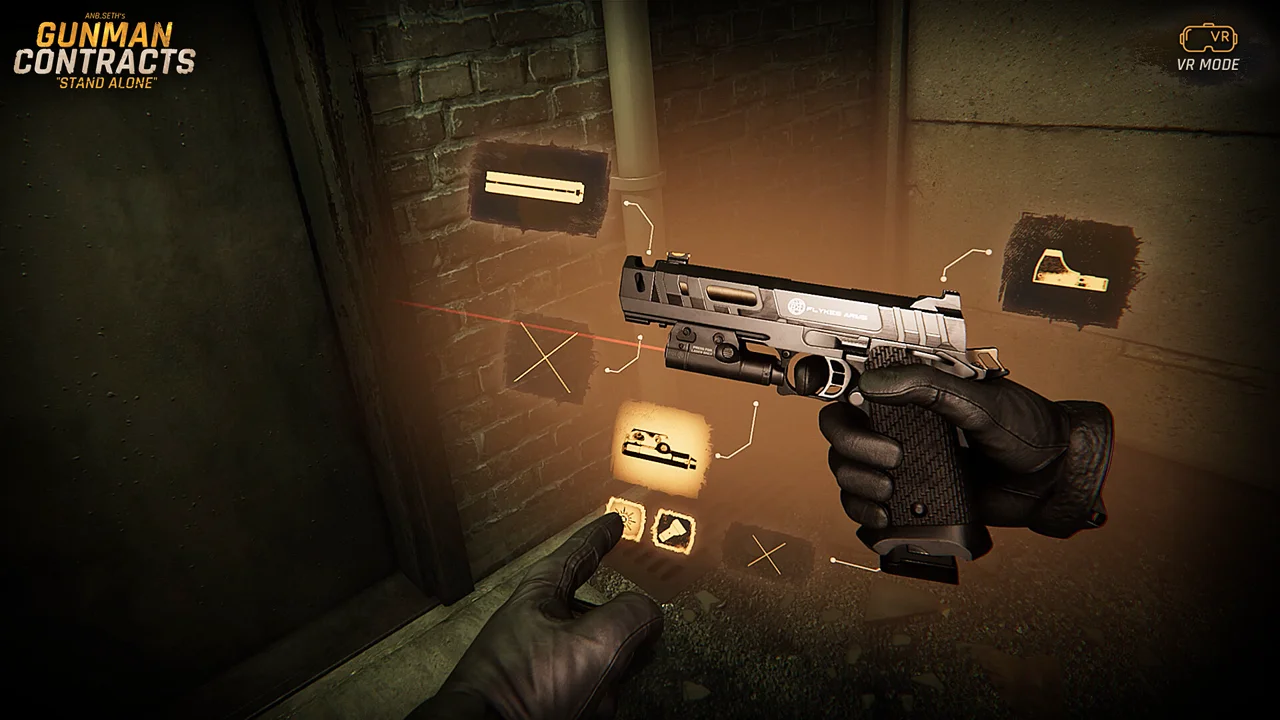 Gunman Contracts - Stand Alone screenshot: inspecting a customized tactical pistol with laser sight next to a floating holographic weapon menu