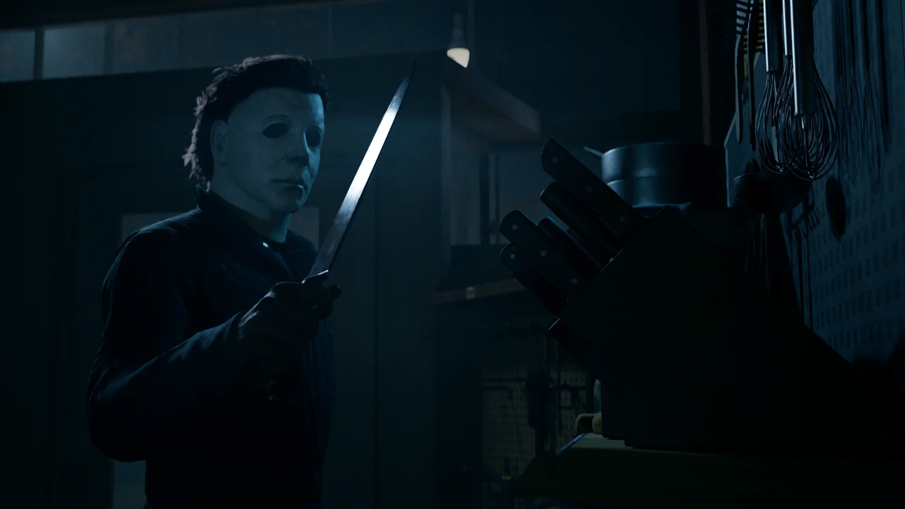 Halloween: The Game screenshot: a Hero of Haddonfield running down a dim residential street at night, flashlight in hand, houses along the way
