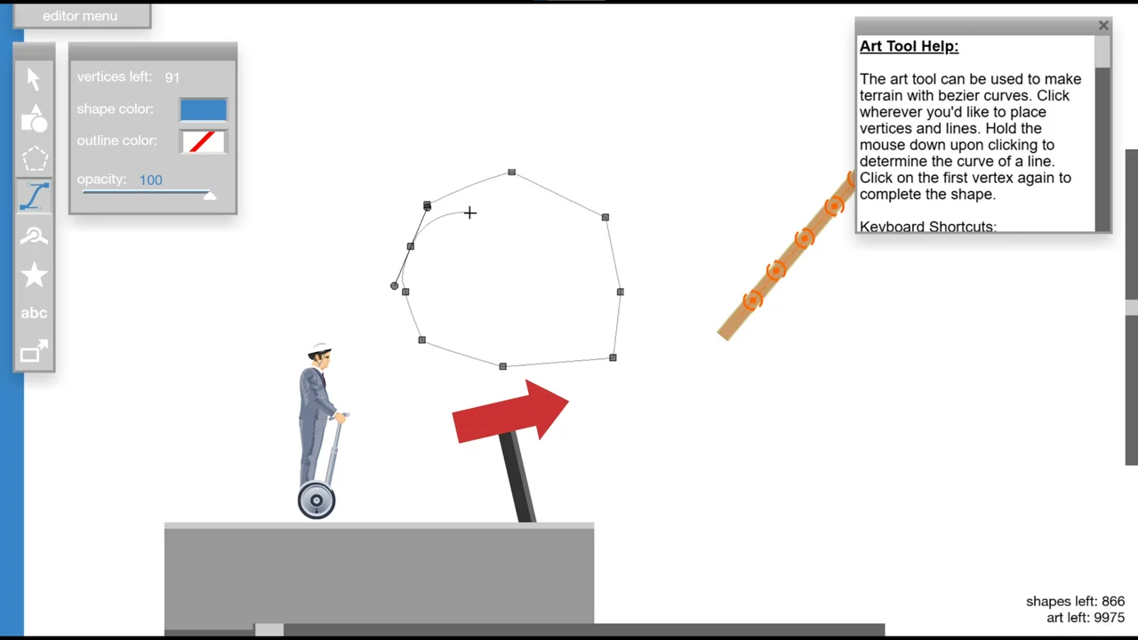 Happy Wheels screenshot: the level editor with a drawn polygon course, red arrows and the Art Tool Help panel open beside a businessman on a scooter