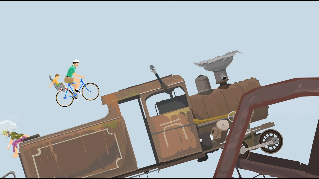 Happy Wheels screenshot: the dad pedalling a bicycle with his son in the basket along a derailed train carriage