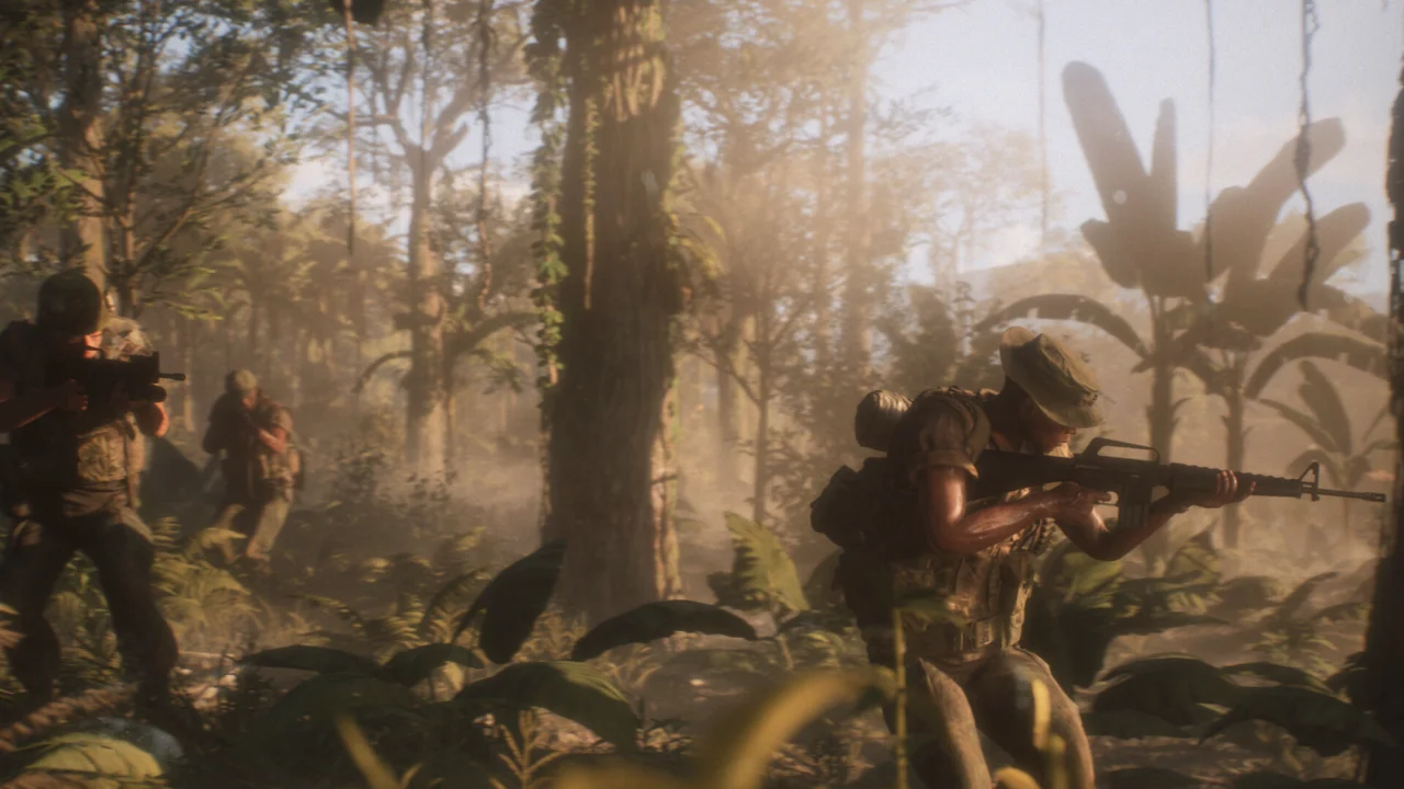 Hell Let Loose: Vietnam: soldiers moving through dense jungle with helicopters overhead and tracer fire in the distance