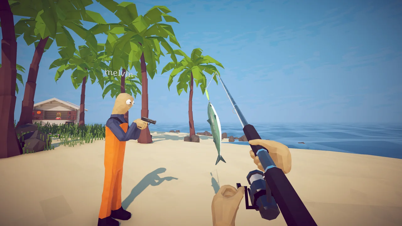 How to Fish gameplay: a boss fish fight in the shallows with the whole crew attacking